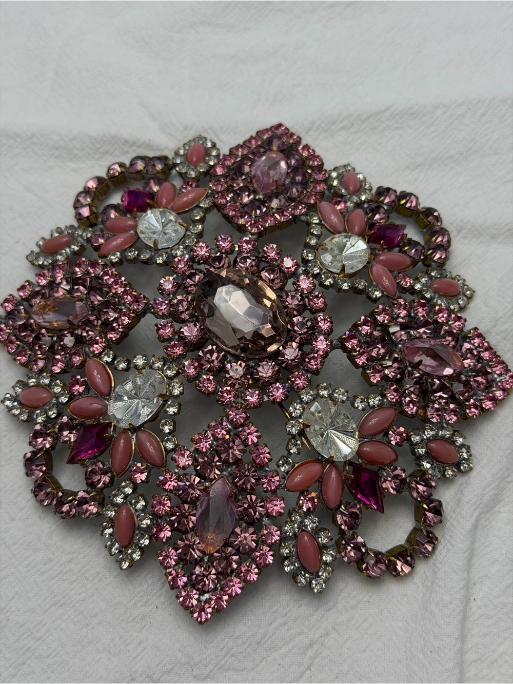 Massive Bijoux MG brooch Czech glass Pinks and Purples it Glows